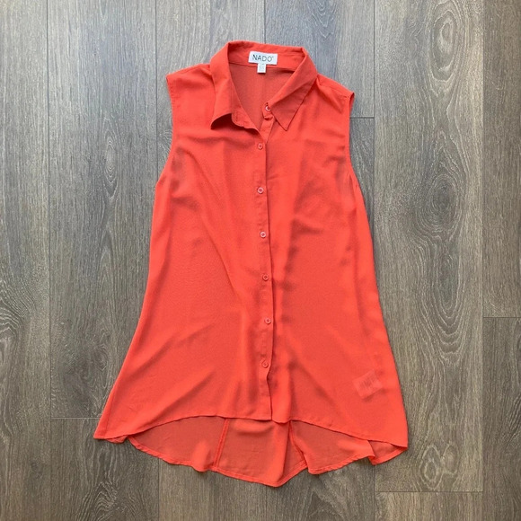 Nado Women's Blouse Sheer Button Down Front Collared Flowy Sleeveless Orange S - Picture 5 of 13